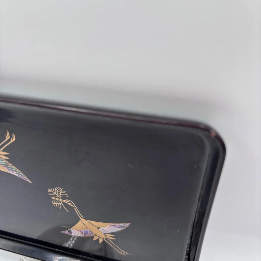 Zohiko Black‎ Lacquer Tray Gold Crane Japanese Mother of Pearl Inlay 6.75x4.5